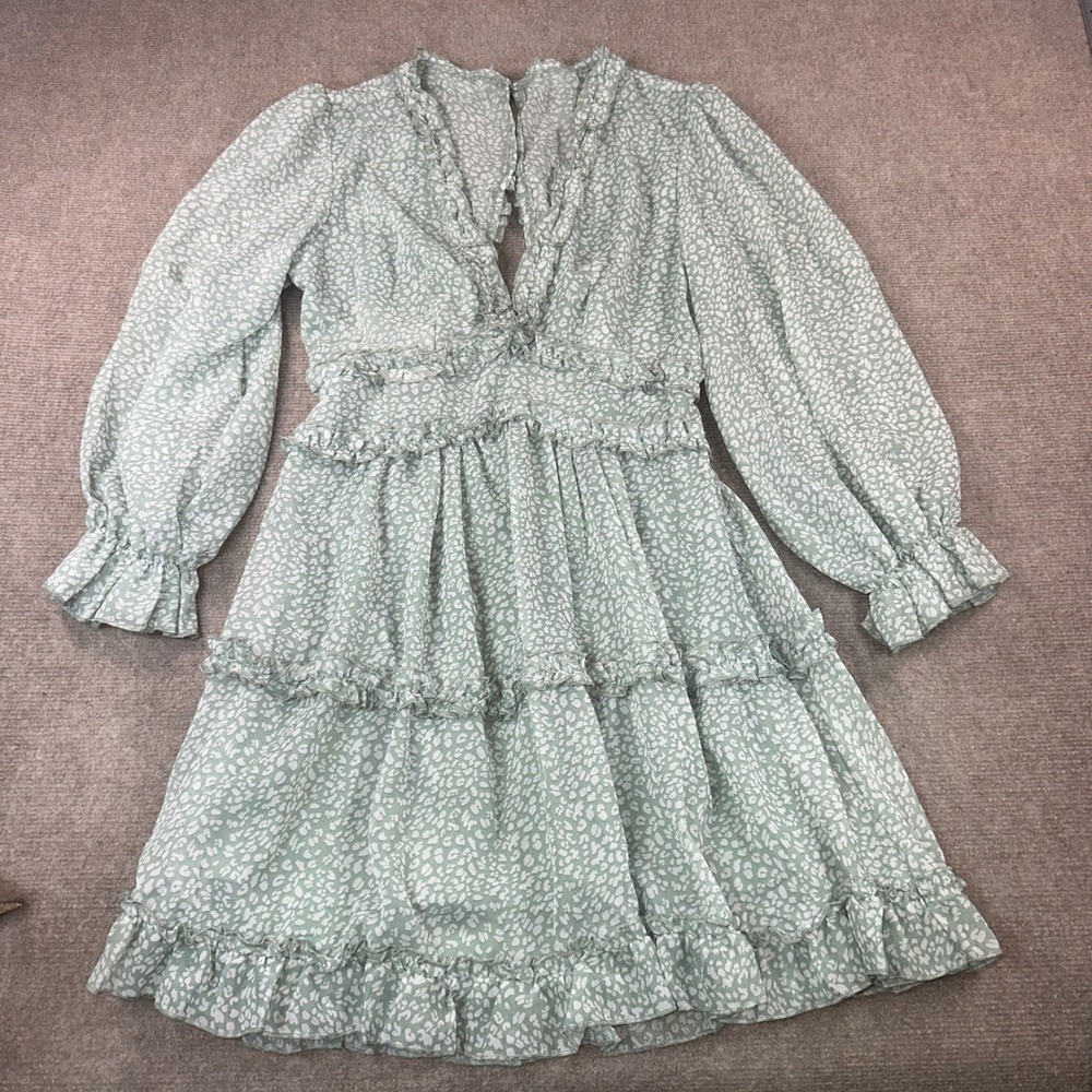 Sage Green Animal Print Homecoming Ruffle Mini Dress Open Back Long Sleeve Small